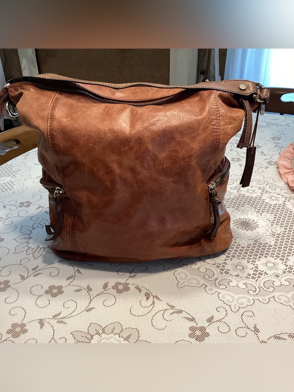 Tano Cognac Brown Distressed Leather Hobo Shoulder Bag Large